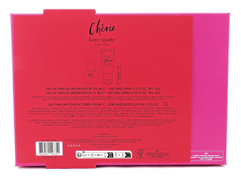 CHERIE by Kate Spade 3.3oz & 0.25oz EDP Spray + 3.3oz B/Lotion. New Women's SET