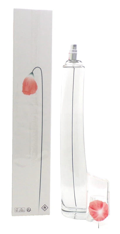 Perfume bottle with packaging featuring a pink flower design on a white background