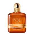 Orange perfume bottle with gold cap and text on a white background