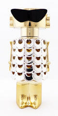 Perfume bottle with gold cap and decorative design on a white background