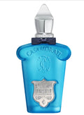 Blue Casamorati perfume bottle with silver cap on a white background
