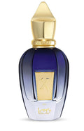 Perfume bottle with gold cap and label on a white background
