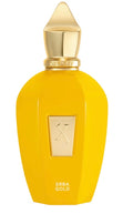 Yellow perfume bottle with gold cap on a white background