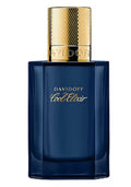 Blue Davidoff Cool Elixir perfume bottle with gold cap on a white background