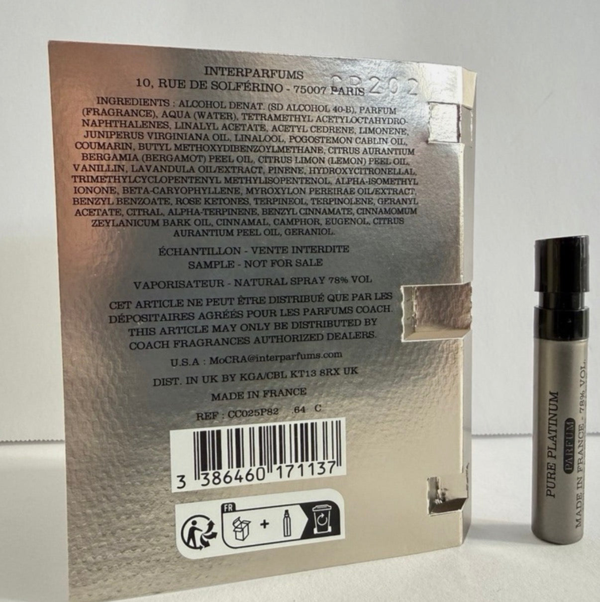 Coach Pure Platinum PARFUM Sample Spray .04oz, 1.2ml Men