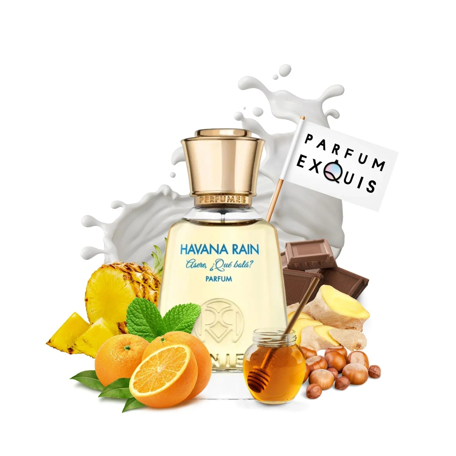 Perfume bottle labeled 'Havana Rain' with fruit, chocolate, and honey elements on a white background.