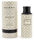 Maison Asrar Belgravia Royal Collection Eau de Parfum spray bottle next to its cylindrical packaging box, both featuring a cream and black Moroccan trellis pattern.