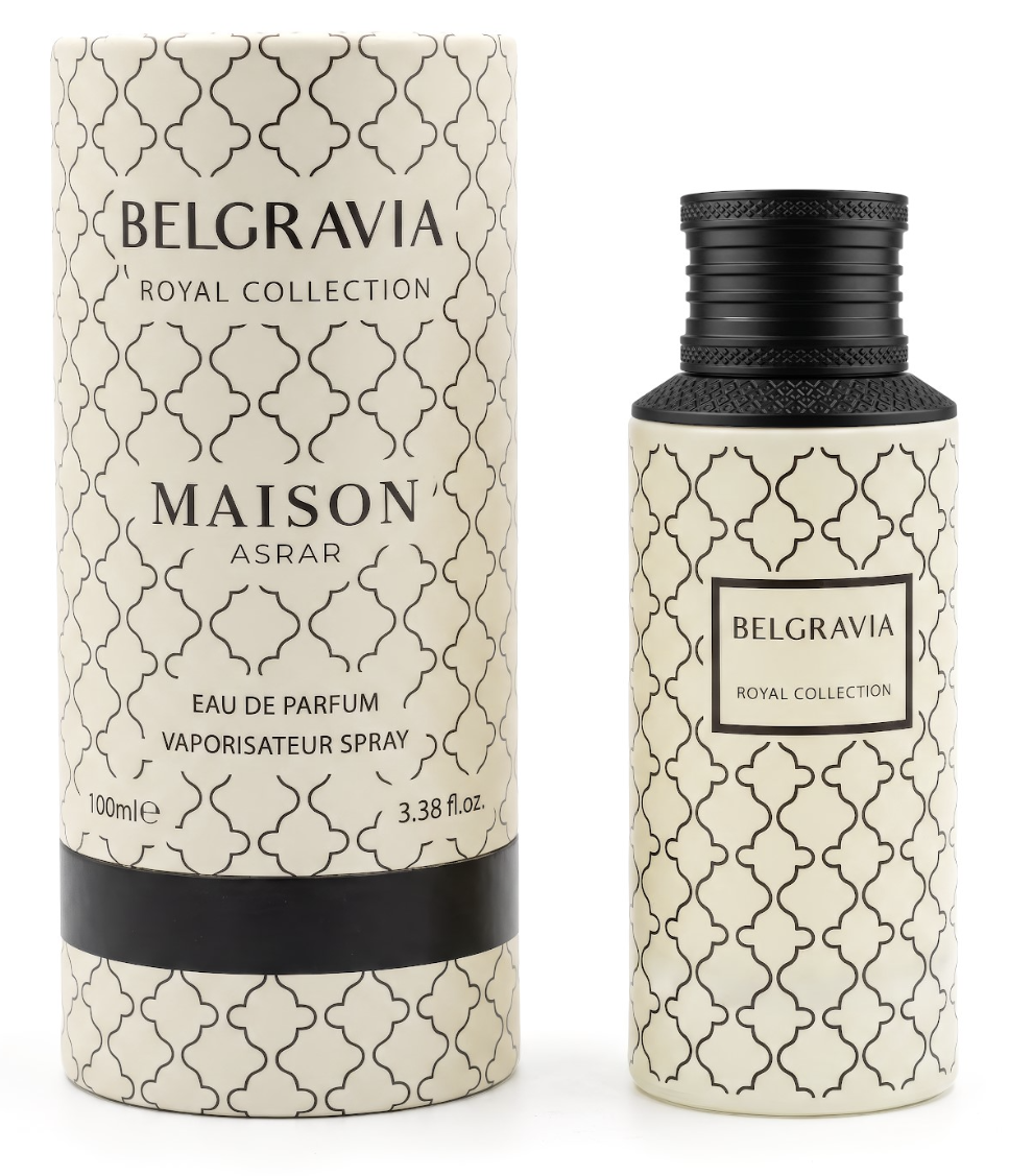 Maison Asrar Belgravia Royal Collection Eau de Parfum spray bottle next to its cylindrical packaging box, both featuring a cream and black Moroccan trellis pattern.