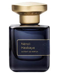 Perfume bottle labeled 'Néroli Hasbaya' with a gold cap on a white background