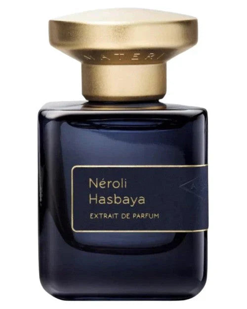 Perfume bottle labeled 'Néroli Hasbaya' with a gold cap on a white background