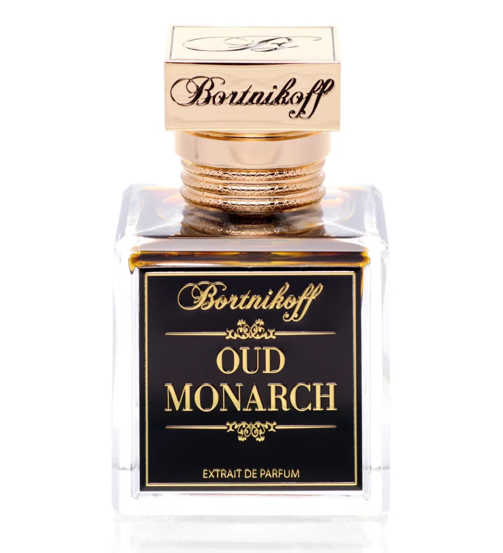 Bottle of Bortnikoff Oud Monarch perfume on a white background