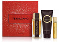 FerragamoSpicy Leather perfume set with red box, bottle, and tube on a white background