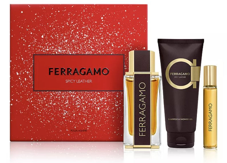 FerragamoSpicy Leather perfume set with red box, bottle, and tube on a white background