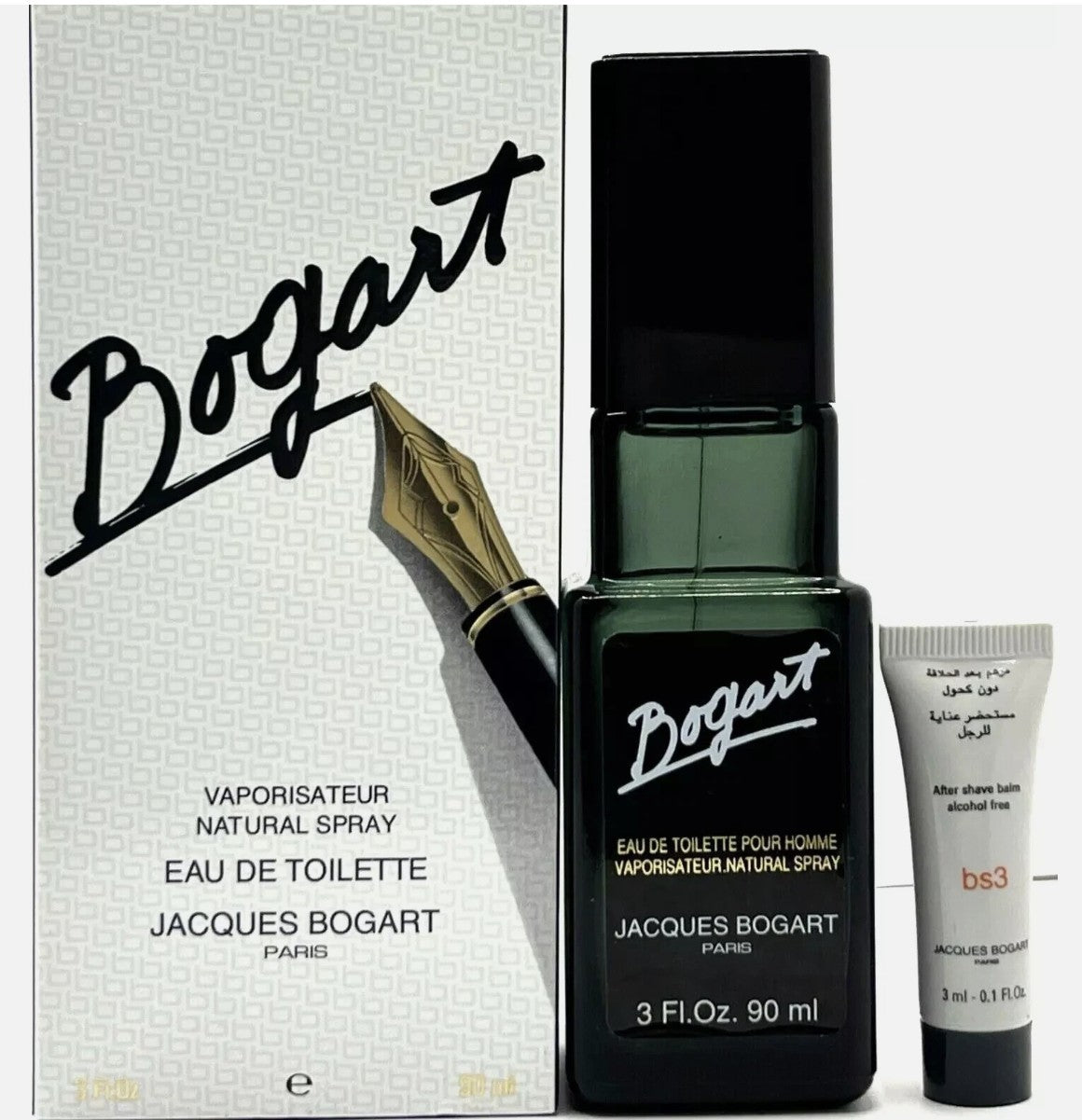 Jacques Bogart perfume set with bottle, box, and small tube on a white background