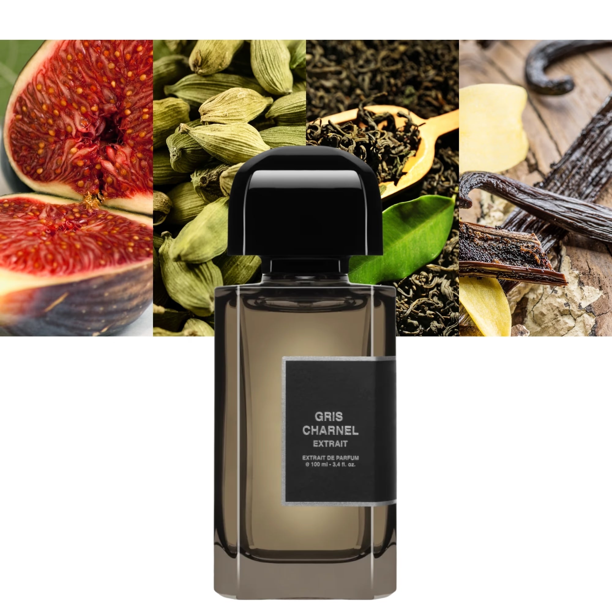 Perfume bottle with ingredients like figs, cardamom, and vanilla beans displayed around it.
