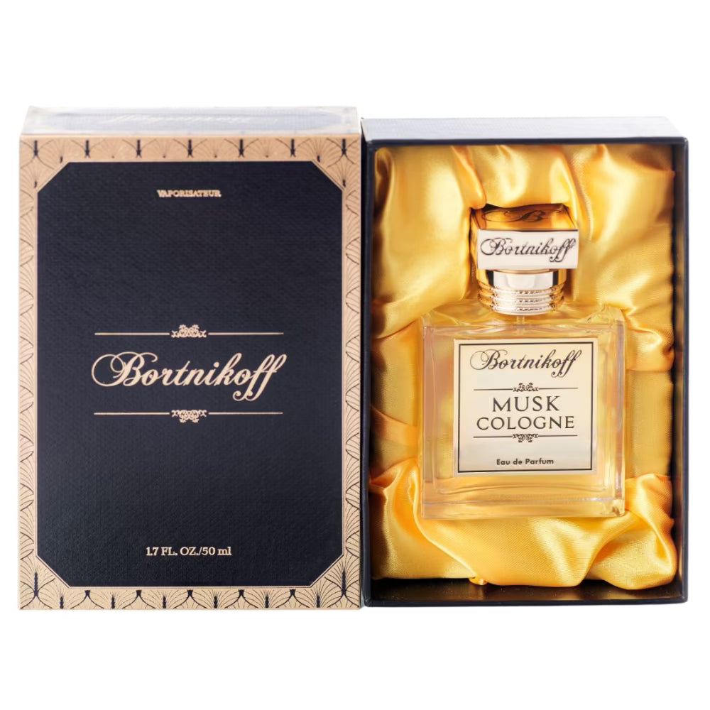 Bortnikoff Musk Cologne perfume bottle in a decorative box with gold ribbon