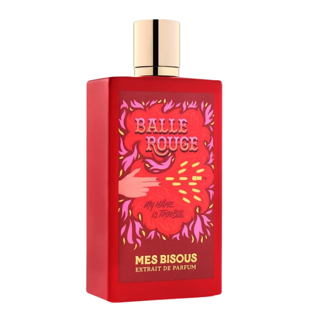 Red perfume bottle with gold cap labeled 'Balle Rouge' on a white background