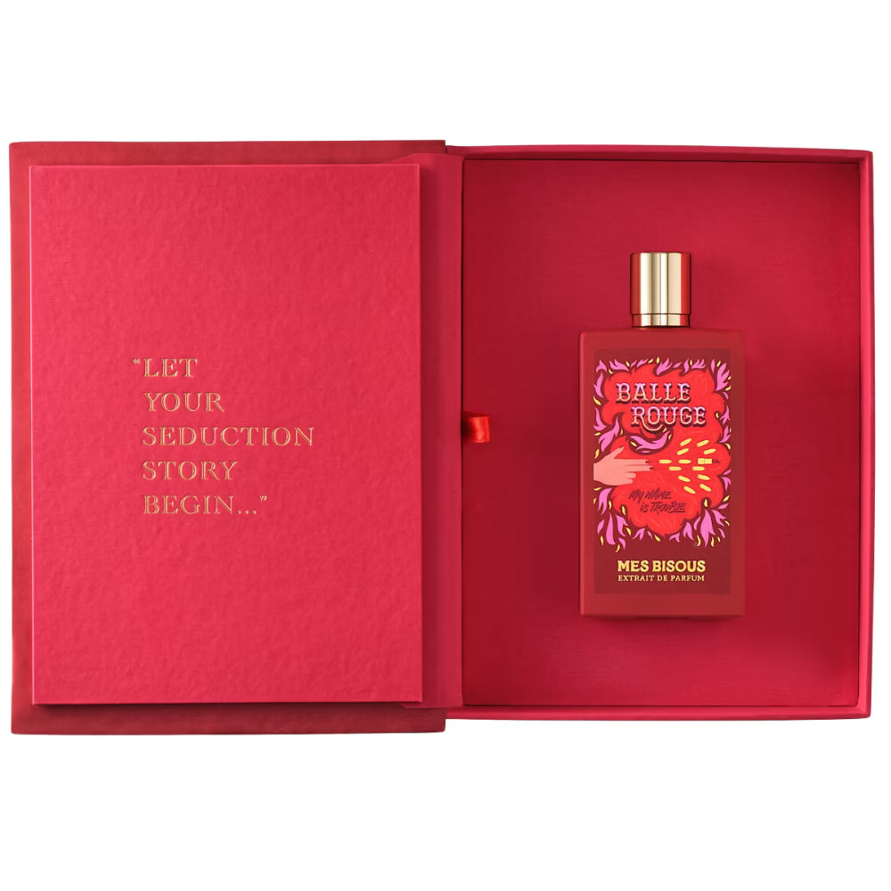 Perfume bottle in a red box with text 'Let your seduction story begin...'