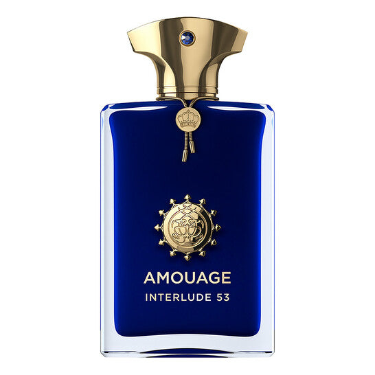 Amouage Interlude 53 perfume bottle with gold cap and emblem on a white background