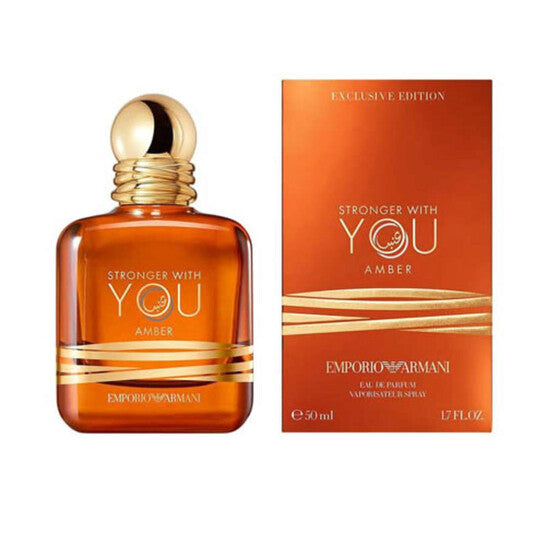Emporio Armani 'Stronger with You Amber' perfume bottle and packaging on a white background