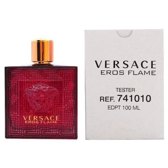 Versace Eros Flame perfume bottle and packaging on a white background