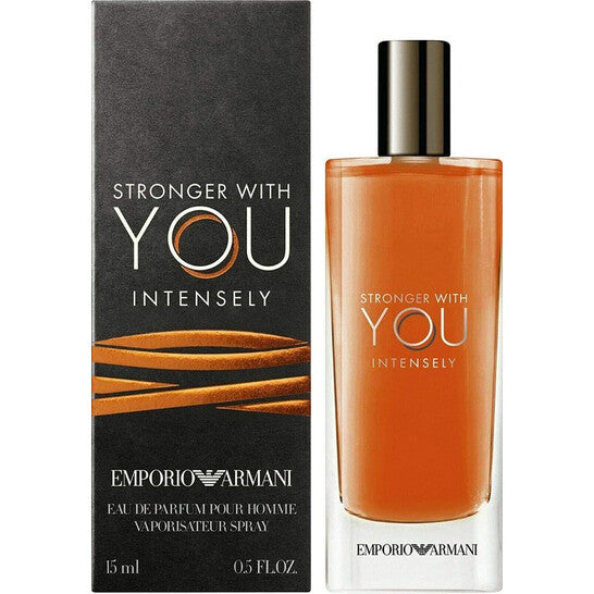 Emporio Armani perfume bottle and packaging with 'Stronger with You Intensely' text on a white background.
