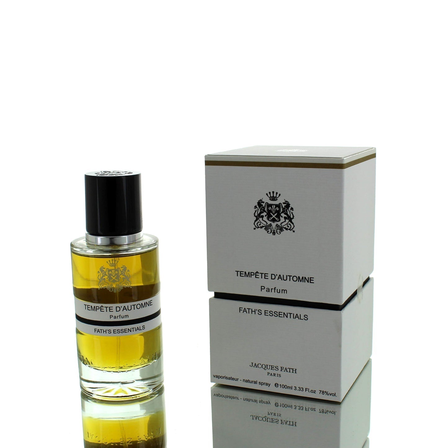 Perfume bottle and packaging of 'Tempète d'Automne' by Fath's Essentials on a white background