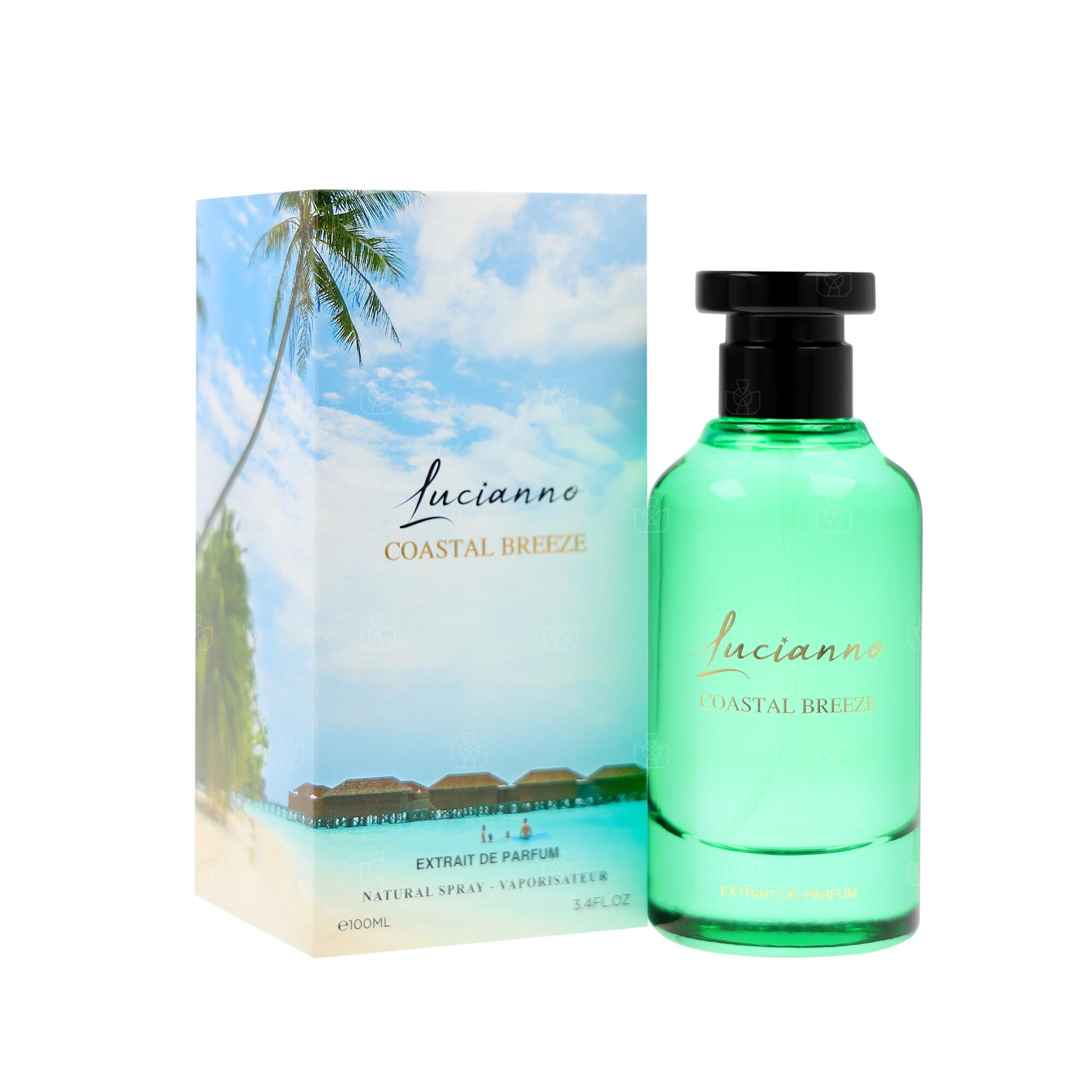 Green perfume bottle and packaging with 'Luciano Coastal Breeze' branding on a white background