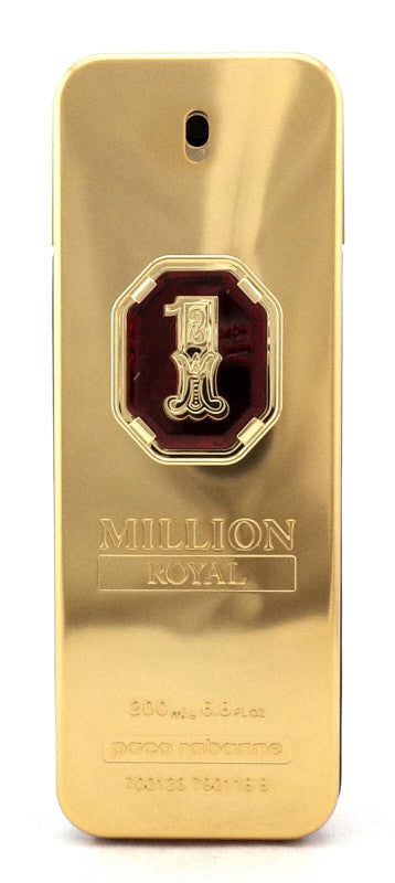 Gold perfume bottle with 'Milion Royal' logo on a white background